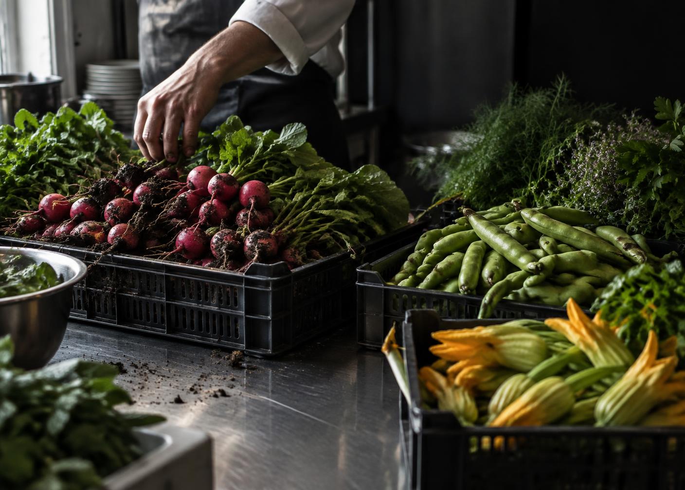 A cook sorting radishes, beans and herbs from nearby farms